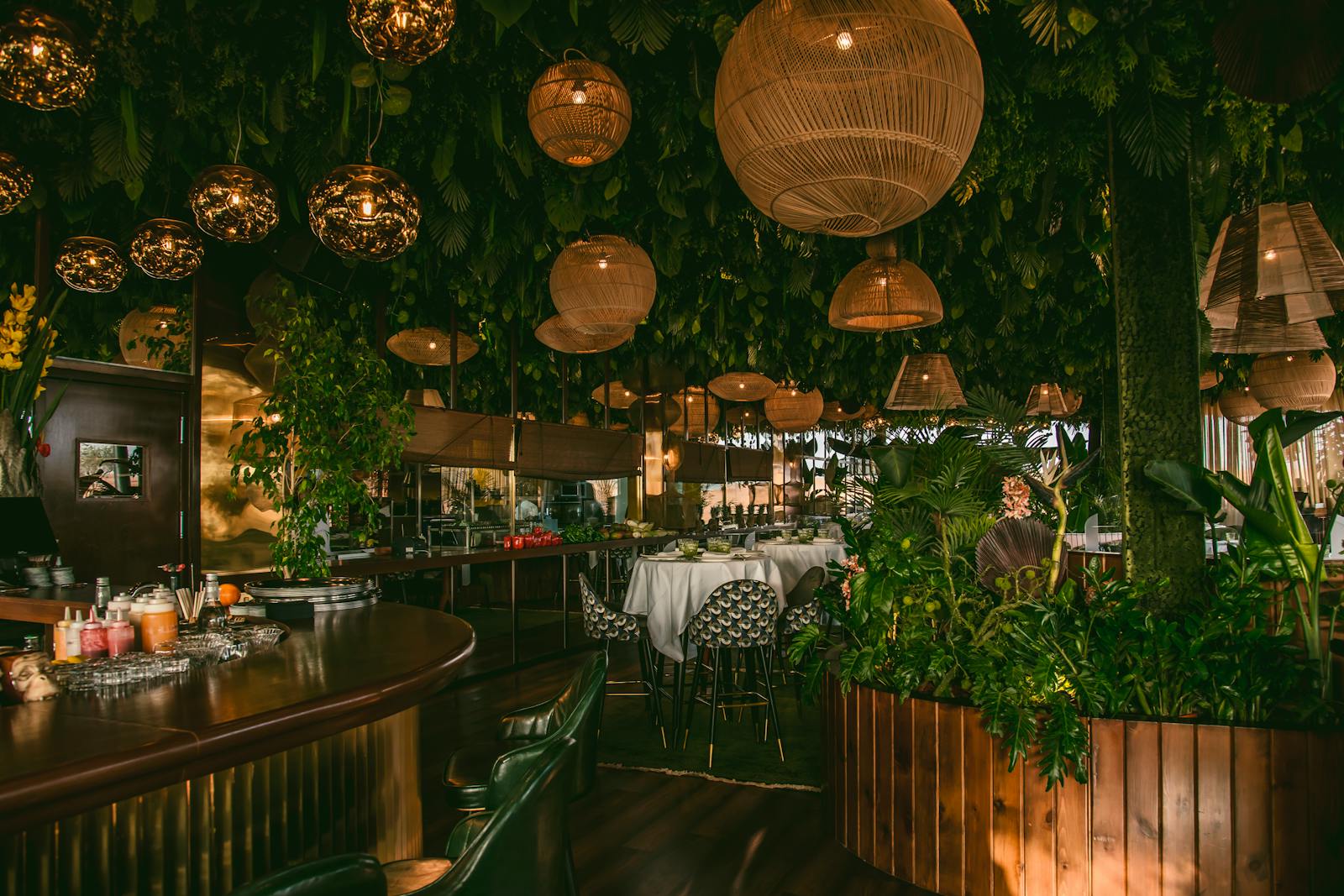 Restaurant verdoyant avec convives — ambiance chaleureuse