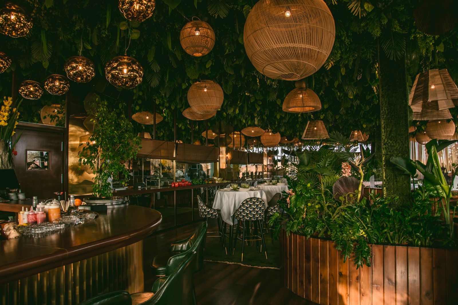 Restaurant verdoyant avec convives — ambiance chaleureuse